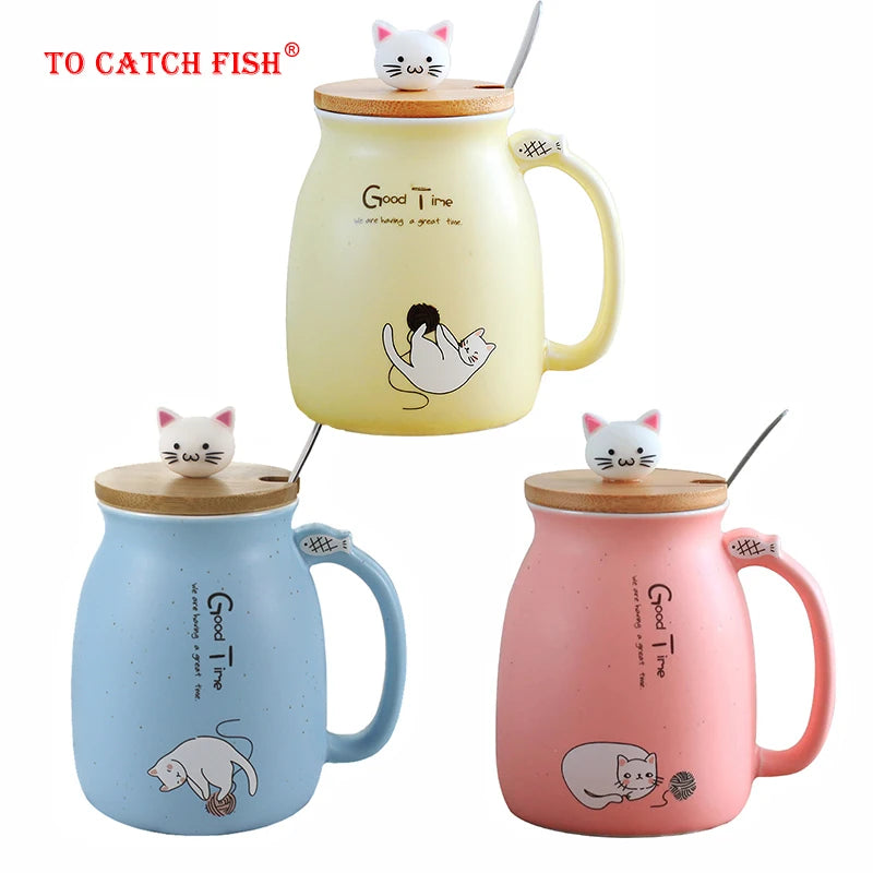 Creative color cat heat-resistant Mug cartoon with lid 450ml