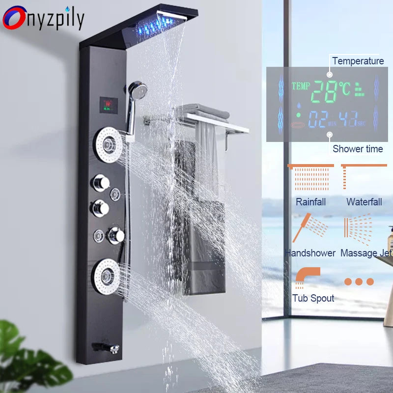 Luxury Black/Brushed Bathroom LED Shower Panel Tower System Wall Mounted Mixer Tap Hand Shower SPA Massage Temperature Screen