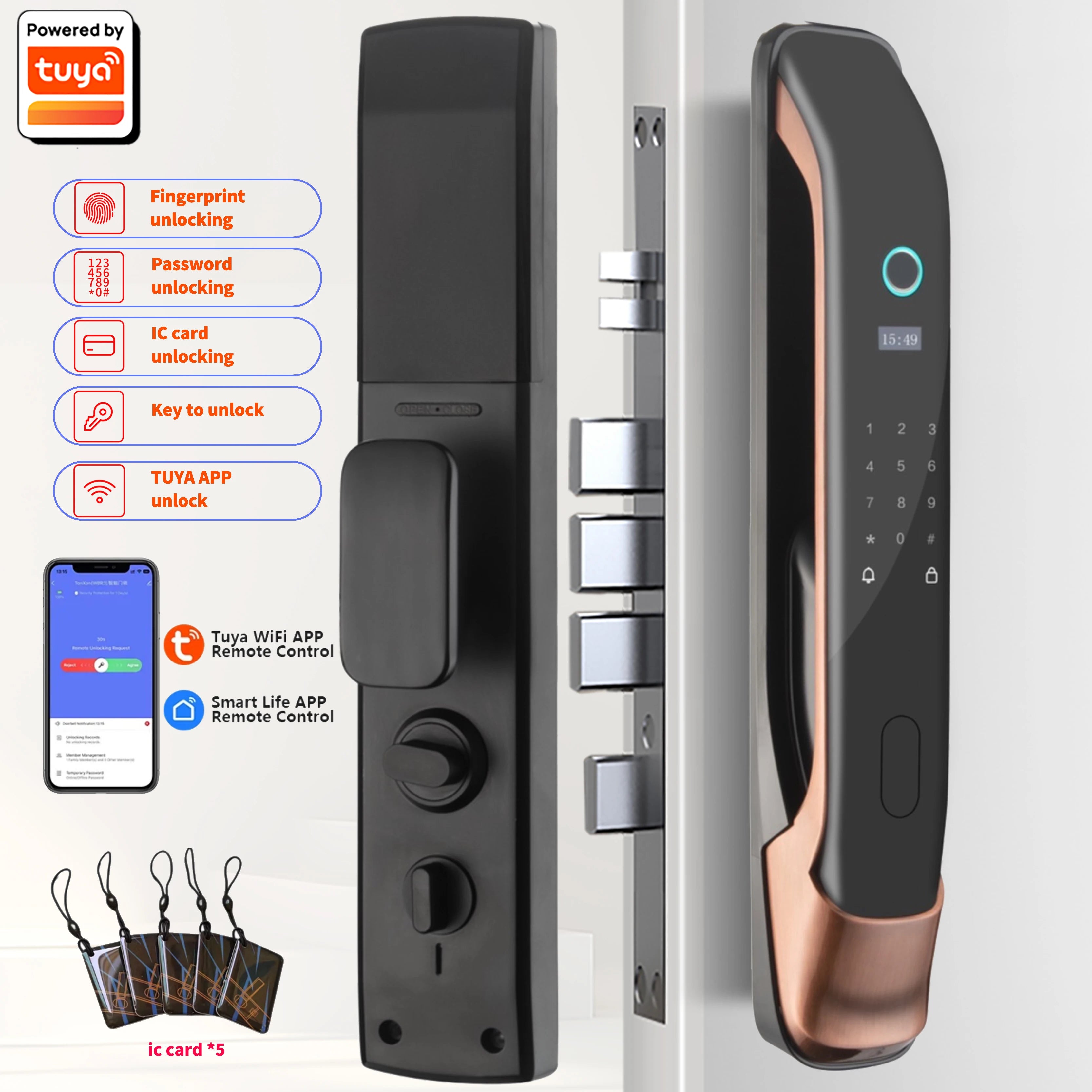 Tuya Wifi Electronic Lock Digital Smart Door Lock With Biometric Fingerprint / Smart Card / Password / Key Unlock/ USB Charge