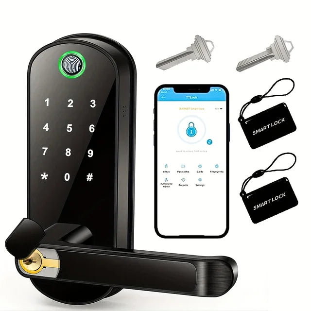 Electronic Security Lock Smart Fingerprint Door, Lock App Remote Control, Keyless WIFI Digital Touchscreen, Lock NFC IP67, Waterproof with 2 IC Cards.