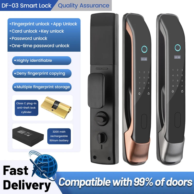 Tuya Wifi Electronic Lock Digital Smart Door Lock With Biometric Fingerprint / Smart Card / Password / Key Unlock/ USB Charge