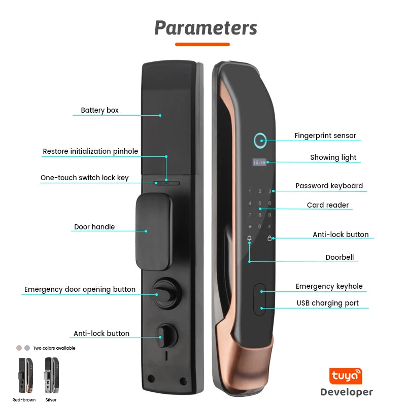 Tuya Wifi Electronic Lock Digital Smart Door Lock With Biometric Fingerprint / Smart Card / Password / Key Unlock/ USB Charge