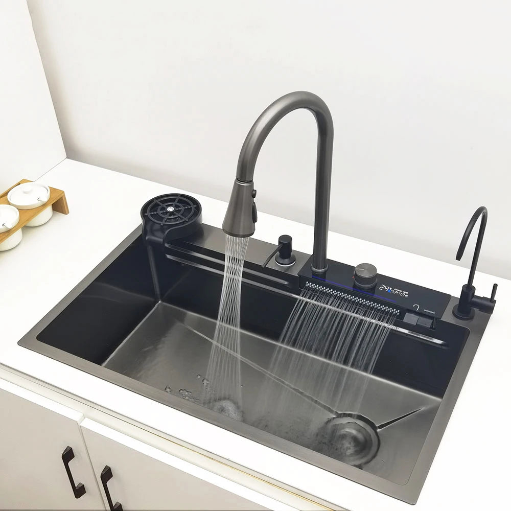 Waterfall Kitchen Sink 304 Stainless Steel Sink Large Single basin With Multifunction LED Waterfall Faucet Above Counter