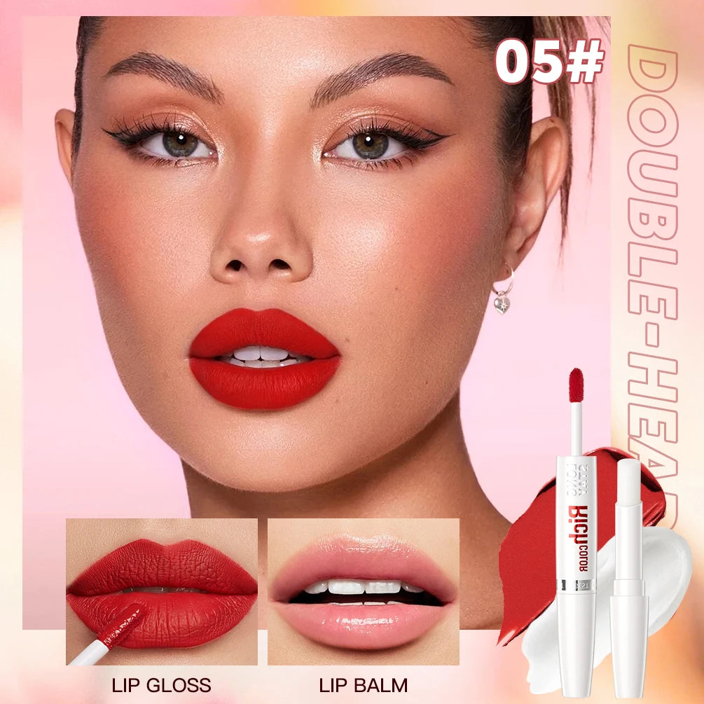 QIBEST 8 Colors Double Head Matte Liquid Lipstick Waterproof Long-Lasting Makeup Lip Balm Reduce Fine Lines Lipgloss Cosmetics