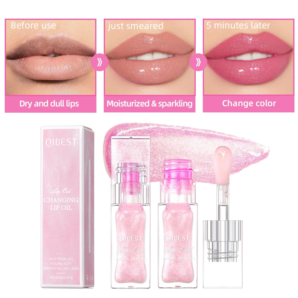 QIBEST Color Changing Lip Gloss Pearlescent Glassy Lip Oil Natural Moisturizing