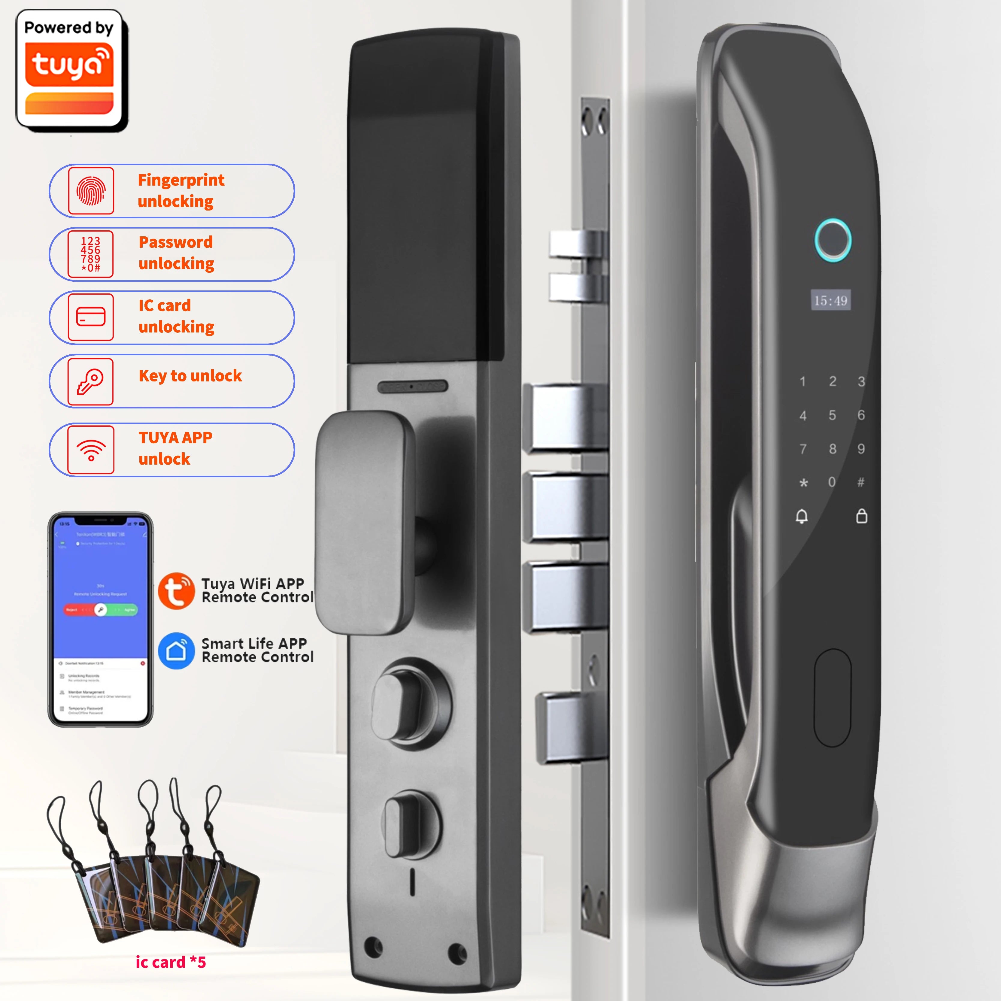 Tuya Wifi Electronic Lock Digital Smart Door Lock With Biometric Fingerprint / Smart Card / Password / Key Unlock/ USB Charge