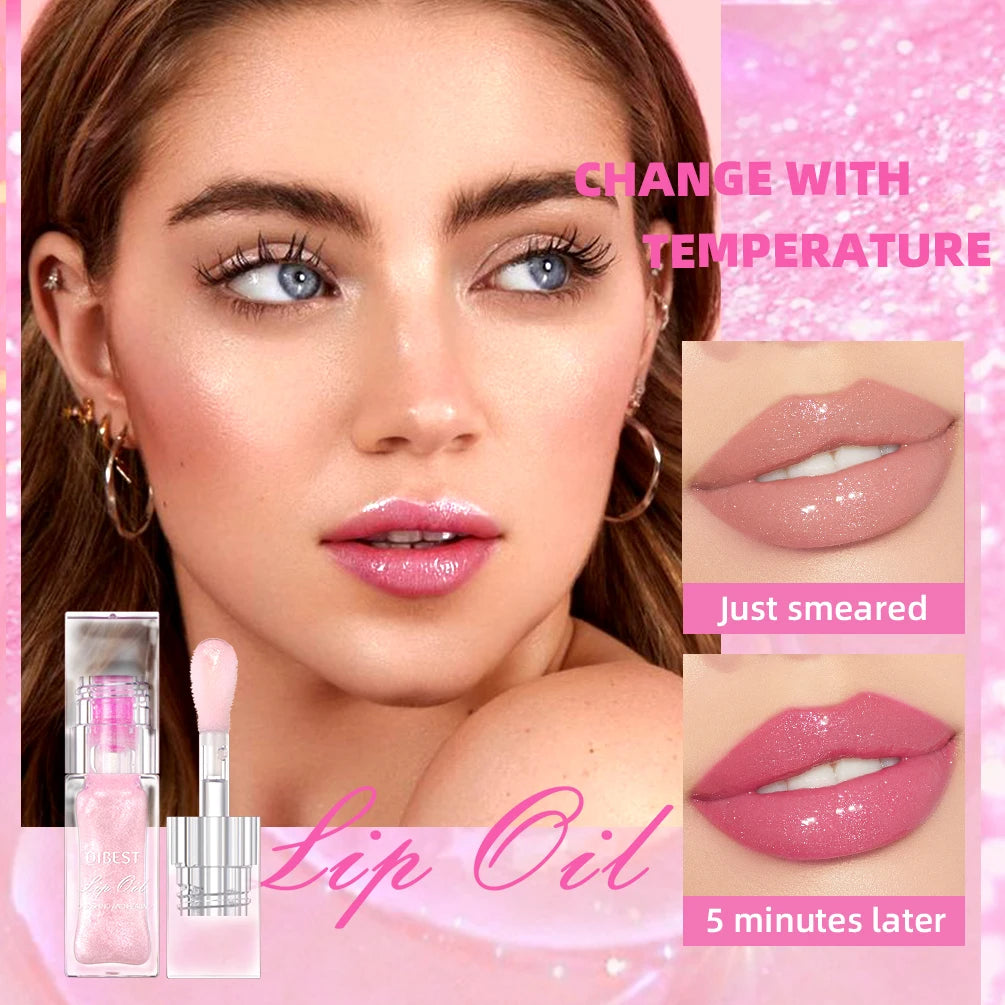 QIBEST Color Changing Lip Gloss Pearlescent Glassy Lip Oil Natural Moisturizing