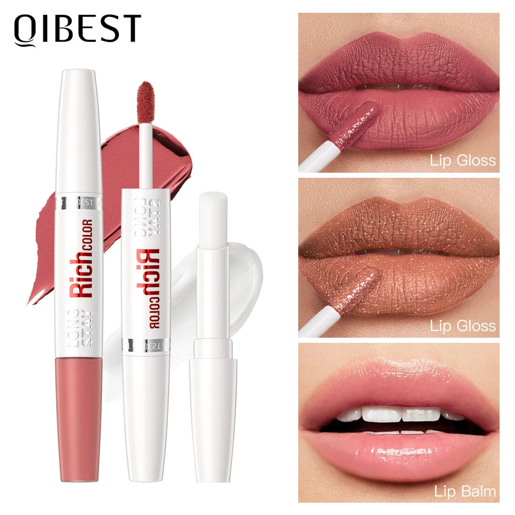 QIBEST 8 Colors Double Head Matte Liquid Lipstick Waterproof Long-Lasting Makeup Lip Balm Reduce Fine Lines Lipgloss Cosmetics